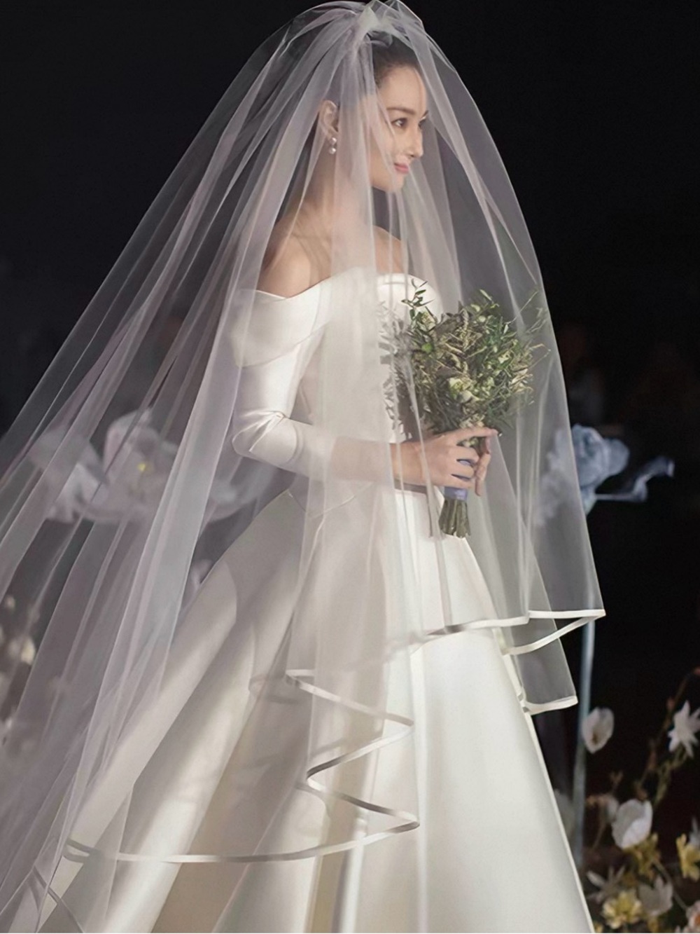 Cathedral Bridal Double-Layer Waterfall Veil with Satin Ribbon Trim